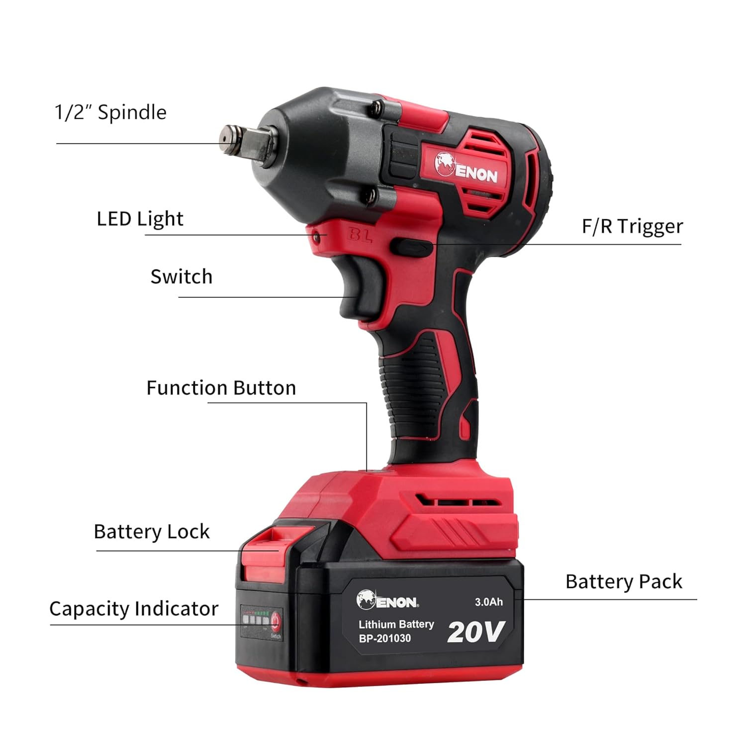 ENON 20V Impact Wrench Cordless Kit, 410Nm Torque, Powerful Motor, 2x3.0Ah Batteries, 5 wrench sockets, F/R, Brushless, Woodworking Tool, Drill, Screwdriver - 6 Month Warranty (XE-BL2032) ENON 20V Impact Wrench Cordless Kit, 410Nm Torque, Powerful Motor, 2x3.0Ah Batteries, 5 wrench sockets, F/R, Brushless, Woodworking Tool, Drill, Screwdriver - 6 Month Warranty (XE-BL2032)